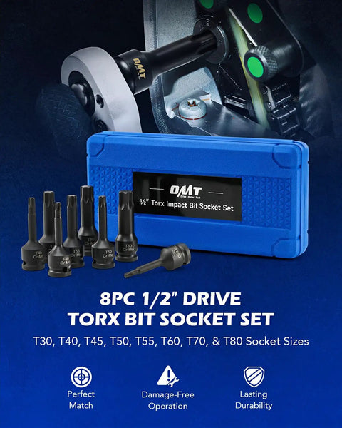 8pc Torx Bit Socket Set One Half Inch Drive Eight Piece Cr-Mo Steel Impact Sockets T30 Through T80 With Carry Case