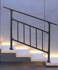 Heavy Duty 4 Step Stair Railing With Integrated Side Fence And Hella Sturdy Steel Outdoor Handrail Featuring Easy Install For Porch Deck Safety In Black, installed on modern steps.