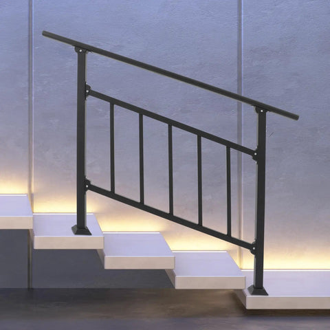 Heavy Duty 4 Step Stair Railing With Integrated Side Fence And Hella Sturdy Steel Outdoor Handrail Featuring Easy Install For Porch Deck Safety In Black, installed on modern steps.