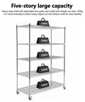 Heavy Duty Five Tier Rolling Wire Shelving Rack Built Tough For Garage Use With Smooth Gliding Casters and fully adjustable heights, showing five tiers holding 150kg weights.