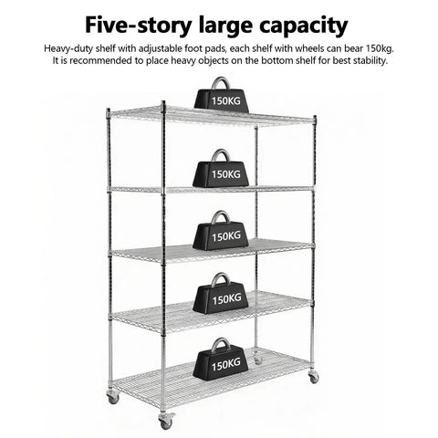 Heavy Duty Five Tier Rolling Wire Shelving Rack Built Tough For Garage Use With Smooth Gliding Casters and fully adjustable heights, showing five tiers holding 150kg weights.