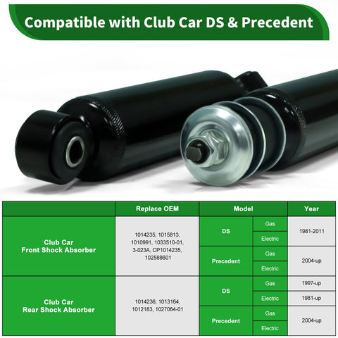Upgraded Golf Cart Front And Rear Shock Absorber Kit with compatibility chart for Club Car DS Precedent Tempo Lifted Models