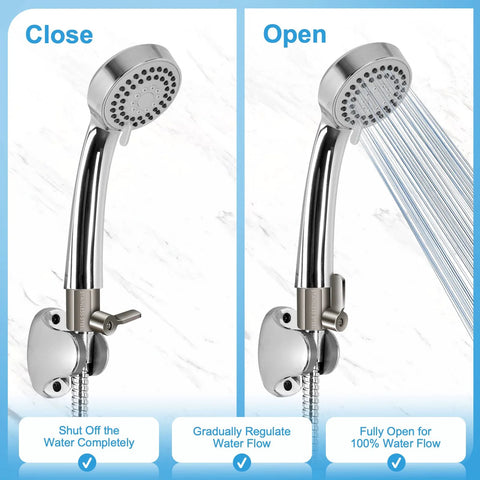 Two-panel image of a stainless steel shower head shut-off valve with lever; left panel shows closed, right panel shows open water flow.