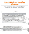Upgrade Dryer Heating Element Kit WP3387747 13.8 x 5.7 inch dimensions and spiral coil details for Whirlpool models.