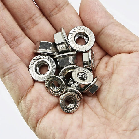 Hand holding stainless steel nuts from Beefy 240 Piece M5 M6 M8 Flanged Bolts And Nuts Set In Stainless Steel 304 Includes 14 Common Sizes For DIY Projects Automotive Machinery And Home Repairs Ready.
