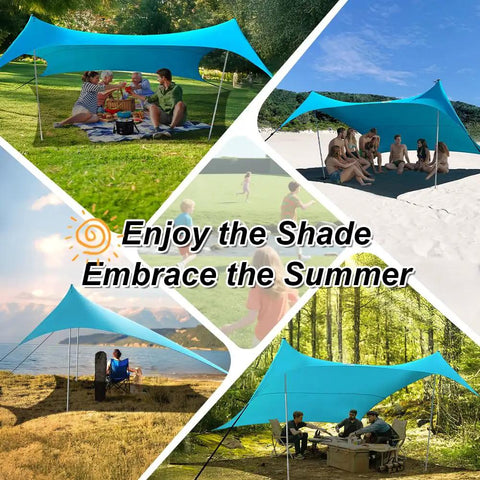Collage of Ten By Ten Foot UPF50 Plus Beach Tent Sun Shelter in various outdoor settings; turquoise tent for sun protection.