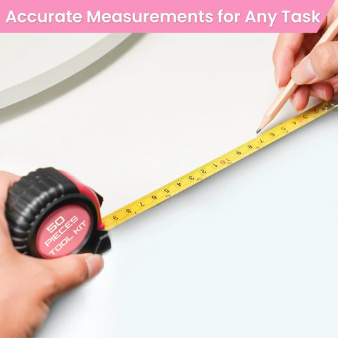 Person using tape measure from Pink Tool Set For Women With 50-Piece All-In-One Hand Tool Kit With Storage Toolbox Claw Hammer And CR-V Steel