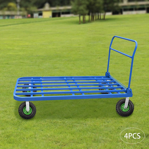 Top Notch 10 Inch Pneumatic Caster Kit With Four Slick Rubber Tires Including Two Swivel And Two Rigid Plates Designed For Heavy Equipment That Glides Like Butter Across Shop Floors Daily on a blue cart.