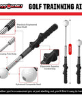 Diagram of Tempo Stick Golf For Right Hand Retractable Swing Trainer with steel shaft, ergonomic grip, telescopic pole.