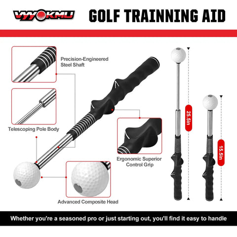 Diagram of Tempo Stick Golf For Right Hand Retractable Swing Trainer with steel shaft, ergonomic grip, telescopic pole.