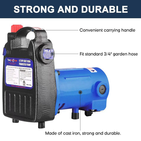 Heavy Duty One Half HP Cast Iron Water Transfer Pump 120V 1560 GPH with labels indicating features like handle and hose fit