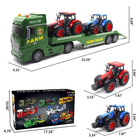 Large Flatbed Semi Truck Toy With Two Tractors Friction Powered Farm Transport Vehicle With Light And Sound shown with packaging