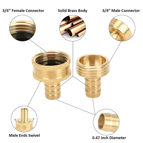 Solid Brass Garden Hose Repair Kit With 1/2 Inch Connectors, 4 End Set Of Female And Male Fittings, shown with connector details.