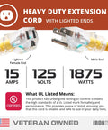 Image of Heavy Duty Outdoor Extension Cords 12 Gauge 3 Conductor SJTW 2 Pack 10 Foot Long Lighted Yellow 15 Amp with specifications.