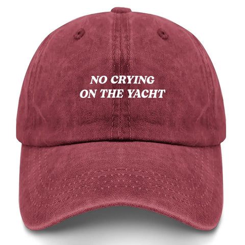 Wine Red Lightweight Women's Dad Hat With Six Ventilation Eyelets, Low Profile Unstructured Cap With 'No Crying On The Yacht' Text