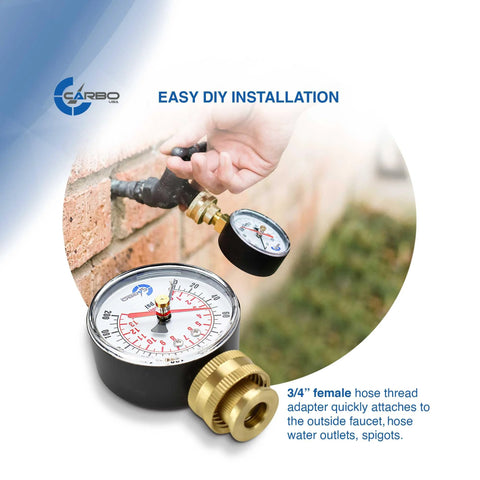 Carbo water pressure gauge with 3/4 in female hose thread, brass connector, red max pointer, 0–200 PSI, rust-free case