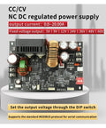 Close-up of a 0 To 60V CNC Adjustable DC Power Supply with Constant Voltage and Current, featuring dual potentiometers and coils.