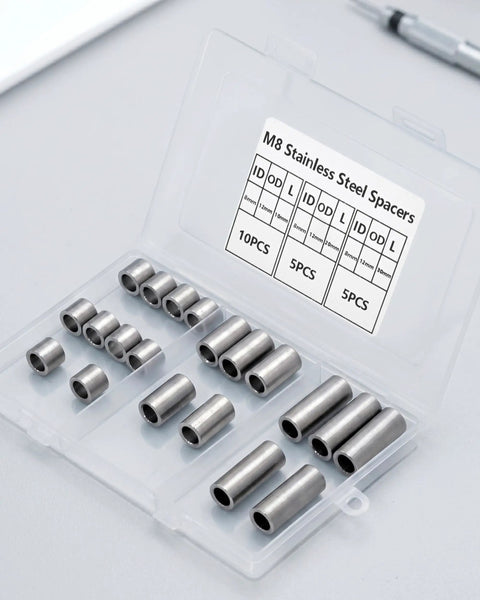 Beefy Stainless Steel Spacer Bushing Kit All In One 3 Size Set M8 Unthreaded Spacer Sleeves 8x12x10mm 8x12x20mm 8x12x30mm In Handy Storage Box For Auto Truck Marine And CNC Projects, open case