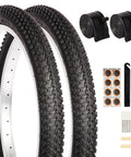 Two Pack 20 Inch Mountain Bike Tire Set With 1.95 Inch Puncture Resistant Folding Tires For Off Road Riding Fits 1.75 To 2.125 Inch Width Includes Inner Tubes And Repair Tool Kit; shows tires, inner tubes, repair tools