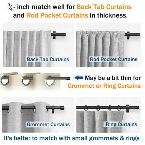 Adjustable Curtain Rod 36 To 63 Inches Black Three Quarter Inch Pole Fits Windows And Patio Easy To Install with different curtain types.
