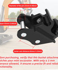 Compact Quick Hitch For Mini Excavators Mechanical Quick Change Coupler Kit Fits Up To 3 Ton Small Diggers Includes Two Link Pins And No Fuss Attach System For Rake Buckets Scarifiers And More with size specifications displayed.