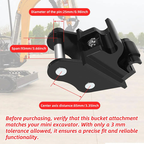 Compact Quick Hitch For Mini Excavators Mechanical Quick Change Coupler Kit Fits Up To 3 Ton Small Diggers Includes Two Link Pins And No Fuss Attach System For Rake Buckets Scarifiers And More with size specifications displayed.