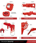 Valve Lockout Tagout Kit For 55 LOTO Devices Including Ball, Butterfly, And Gate Valves, Locks, Cables, Hasps, And Tags, OSHA Compliant, Heavy Duty Storage Bag featuring various valve lockout devices with measurements shown.