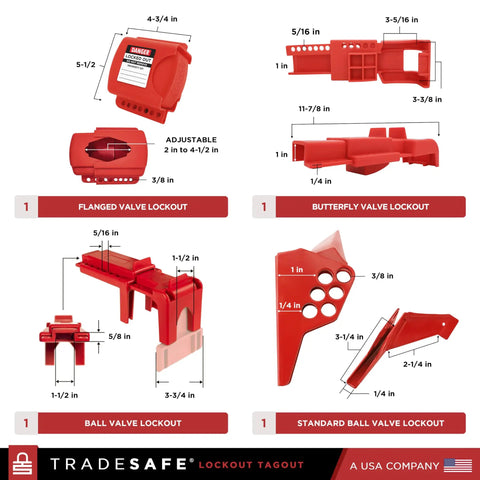 Valve Lockout Tagout Kit For 55 LOTO Devices Including Ball, Butterfly, And Gate Valves, Locks, Cables, Hasps, And Tags, OSHA Compliant, Heavy Duty Storage Bag featuring various valve lockout devices with measurements shown.