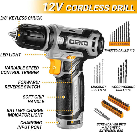 Sweet Cordless Drill Tool Set Kit With 12V Battery Quick Charge 800 RPM Electric Drill Driver for DIY with bits and accessories
