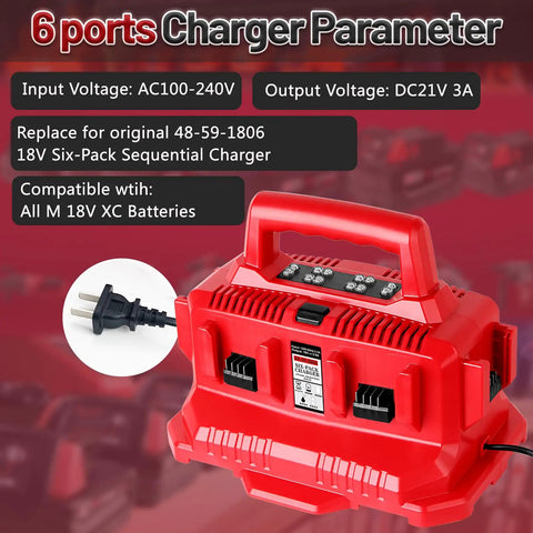 Six Port 18V Battery Charger Station For M18 Tools, Wall Mounted Replacement 48-59-1806 with LED indicators and power select button