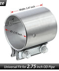 Beefy 2.75 Inch Exhaust Clamp Butt Joint Band Clamp Sleeve Coupler in 304 Stainless Steel Double Layer for 2.75 Inch OD Pipe
