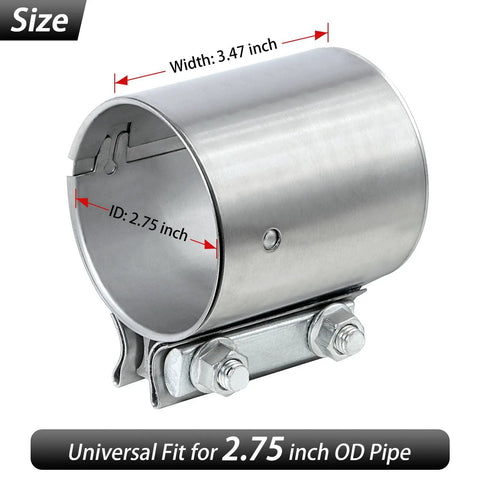 Beefy 2.75 Inch Exhaust Clamp Butt Joint Band Clamp Sleeve Coupler in 304 Stainless Steel Double Layer for 2.75 Inch OD Pipe