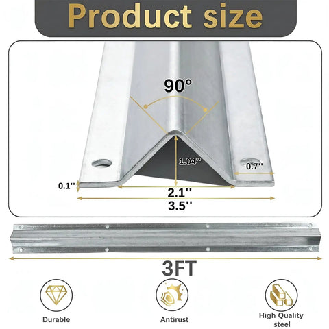 Product size diagram of Beefed Up Heavy Duty Wide V Track Ground Track Kit for Sliding Gates, 3.5 inch width, galvanized steel.