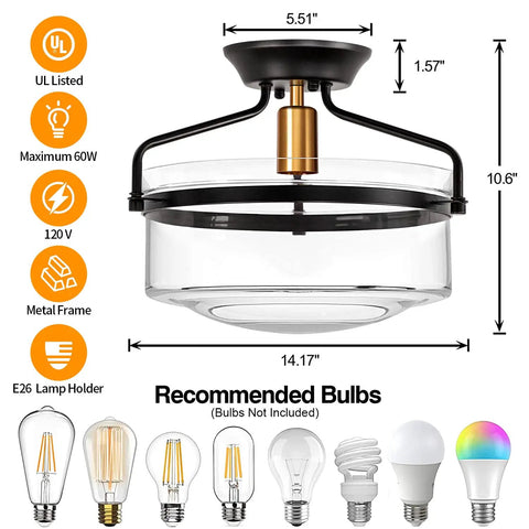Dope Semi Flush Mount Ceiling Light 14.2 Inch with Clear Glass Shade and Brass Socket, detailed specifications and bulb options