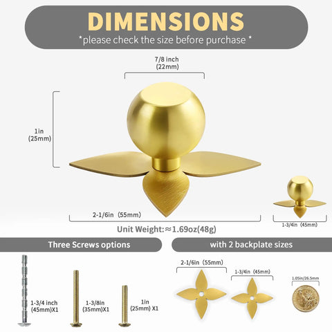 Dimensions of Solid Brass Gold Cabinet Knobs 4 Pack With Star Backplates, including screw and backplate sizes.