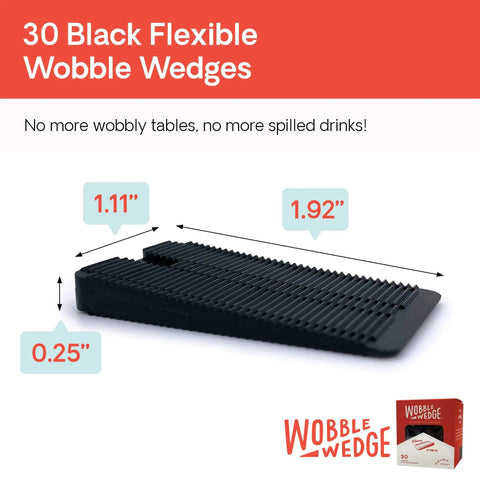 Wobble Wedges Flexible Plastic Shims 30 Pack for Home Improvement and DIY Projects Black Leveling Spacers for Tables Furniture Toilets Beds and More Made in USA, showing size dimensions.