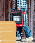 Person carrying Portable Big Buddy Propane Heater Bundle With 10 Foot Hose And Brass Tank Adapter For Indoor Outdoor Use