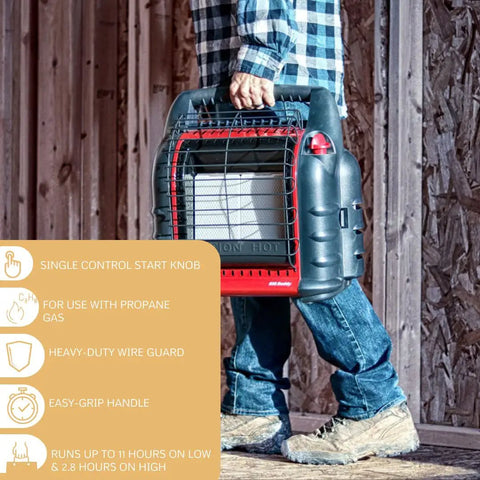 Person carrying Portable Big Buddy Propane Heater Bundle With 10 Foot Hose And Brass Tank Adapter For Indoor Outdoor Use
