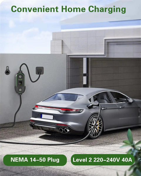 Level 2 EV Charger For Home And On The Go, 40 Amps At 220 To 240 Volts, 9.6 kW Fast Charge, charging car at garage