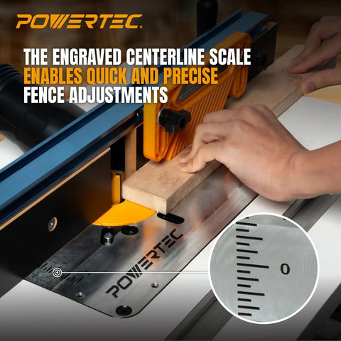 Ready To Rumble Benchtop Router Table With Beefed Up Metal Stand And Precision Adjustable Fence Kit, showing engraved centerline scale for adjustments.