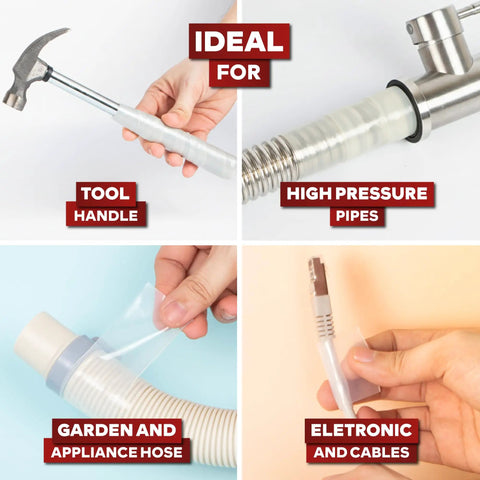 Clear Self-Fusing Silicone Tape Pro, 1.5 Inch By 15 Foot, 30 Mils, shown sealing a hammer handle, pipe, hose, and cable