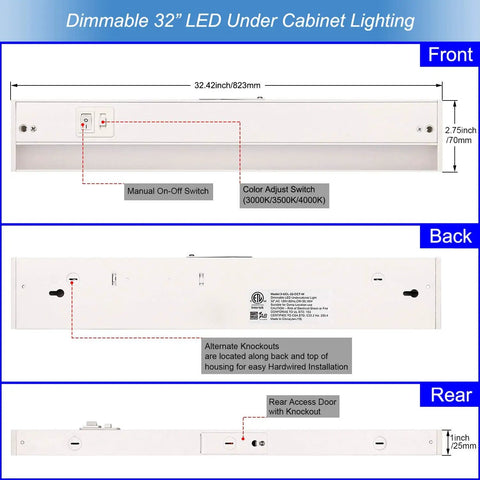 3 In 1 Color Temp Dimmable LED Under Cabinet Light 32 Inch 120V front back rear view showing dimensions and switches
