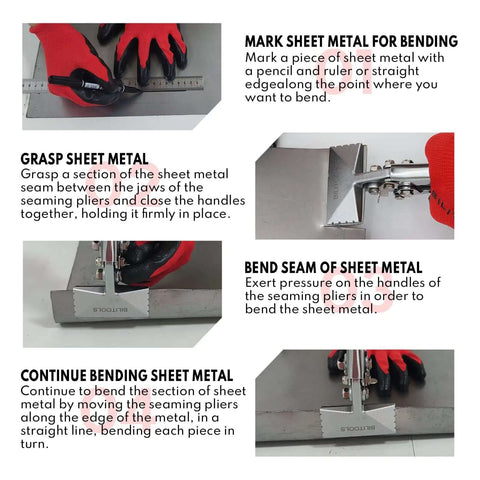Usage instructions for 3 Inch Hand Seamer for Sheet Metal, demonstrating marking, grasping, bending, and continuing bend process.