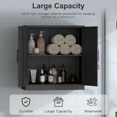 Metal Wall Cabinet With Lockable Doors, Wall Mounted Garage Storage Cabinet With Shelves, Built Tough Steel, 2 Doors, Black