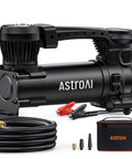 Heavy Duty 12V Air Compressor Portable Tire Pump Dropping A Solid 120 Psi Blast With Built In Led Lantern And Alligator Clamps Trail Ready For Trucks Suvs And Rv Built Like A Tank To Swallow 33 Inch Tires with accessories and hose.
