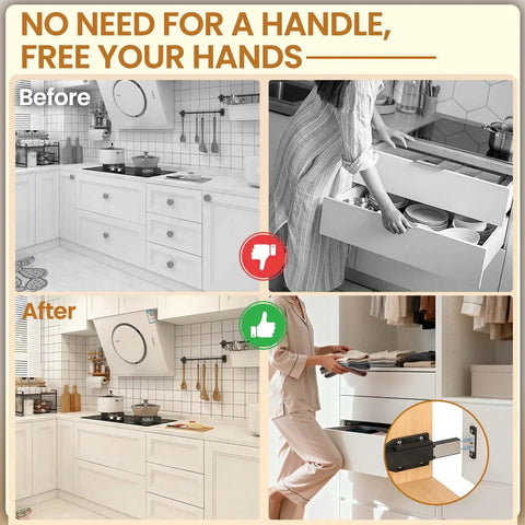 Comparison of kitchen cabinets before and after using Magnetic Push Door Latch Set, Heavy Duty Cabinet Catches, 2 Pack Durable ABS Plastic.