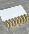 Hella Sturdy Two Tier Industrial Garment Rack With Thick Wood Shelf And Durable Metal Frame Wall Mounted double rods and shelf components laid out.