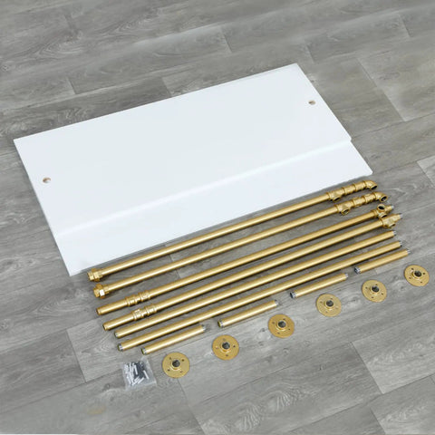 Hella Sturdy Two Tier Industrial Garment Rack With Thick Wood Shelf And Durable Metal Frame Wall Mounted double rods and shelf components laid out.