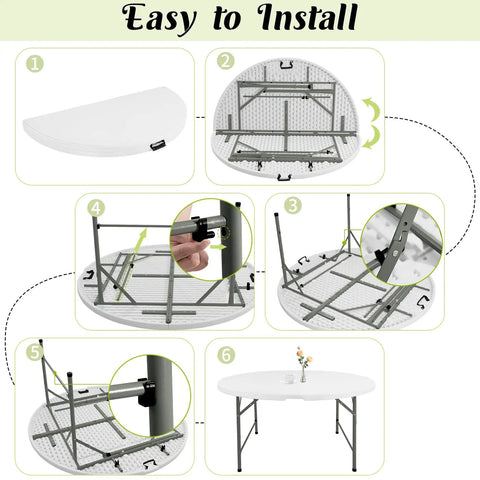 Diagram steps for setting up 5 foot round folding table with carrying handle, showing folding mechanism and handle details.