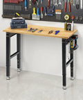 Adjustable Heavy Duty Workbench With Four AC Outlets And Two USB Ports, 2000 Lbs Capacity, Rubber Wood Top on grey floor